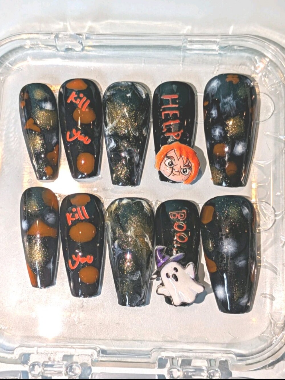 Hand Crafted Black and Orange Halloween Festive Press-On Nails Sz Medium